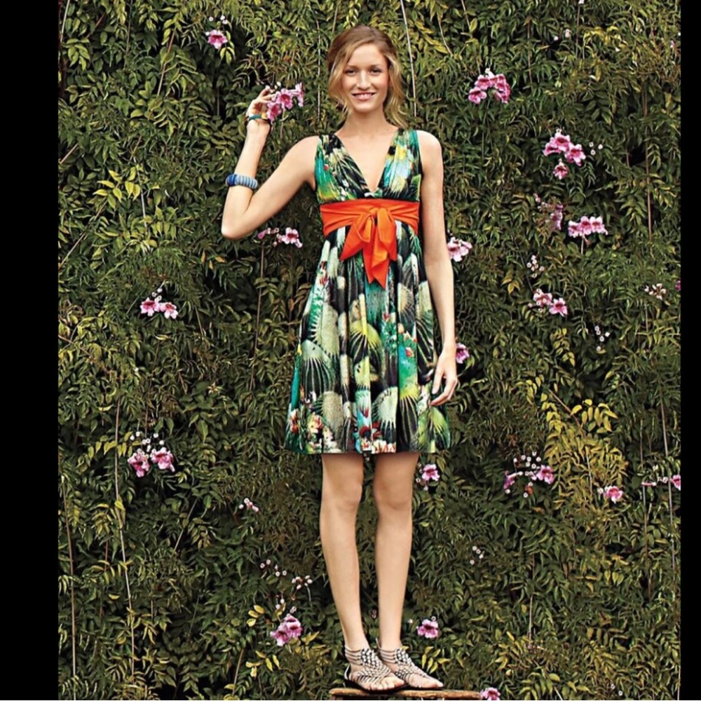 Eva Franco Green Print with Red Sash Dress Size 2